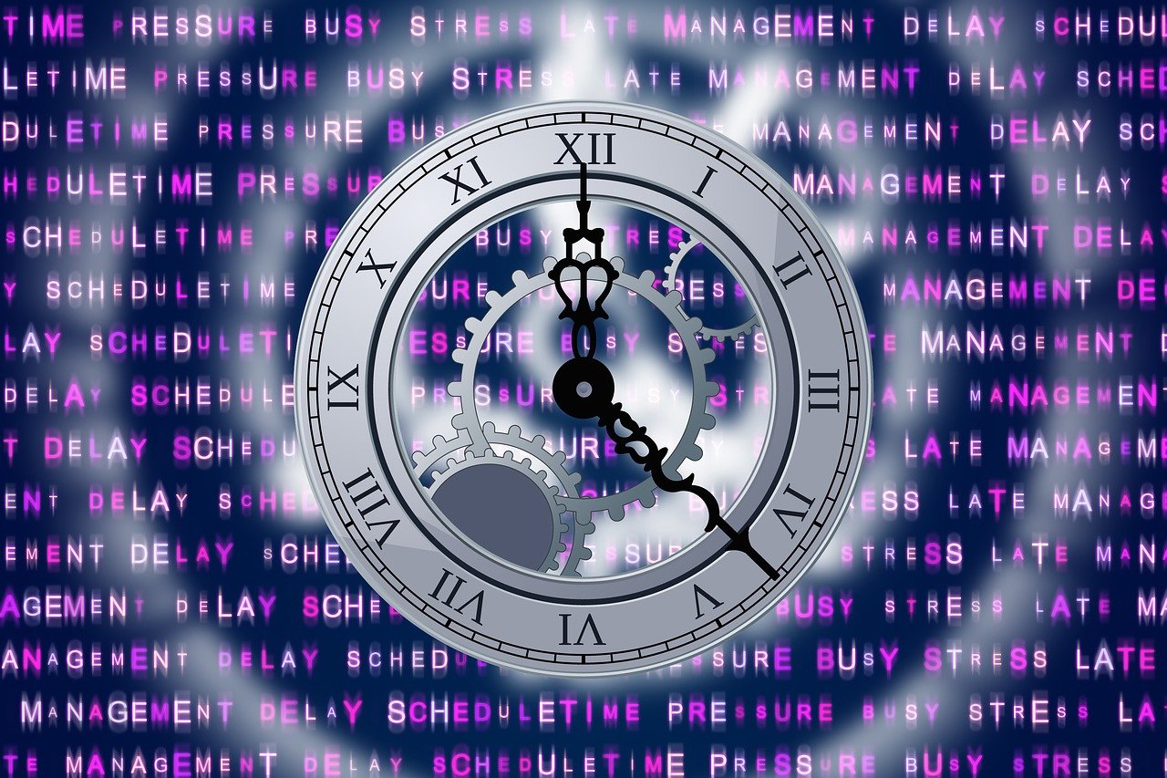 immagine di un orologio che gira su un fondo pieno di parole