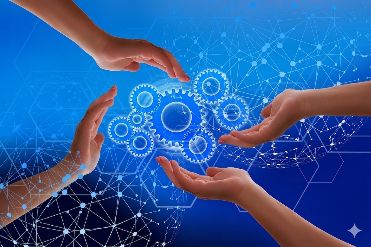 immagine di mani che fanno girare un ingranaggio di connessioni digitali